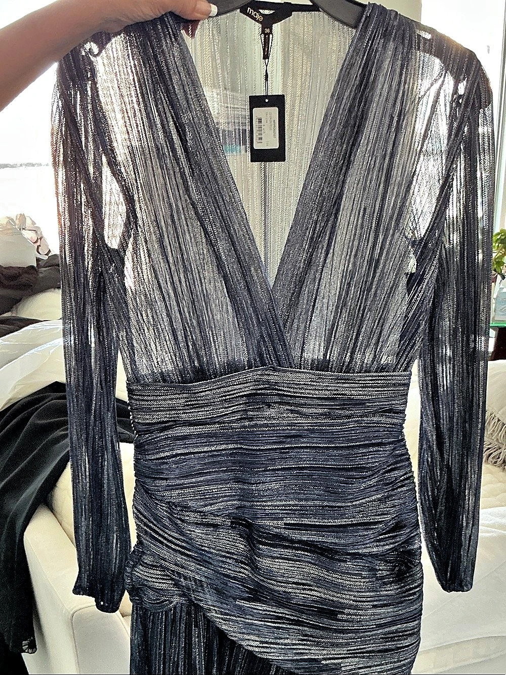maje Metallic Ruched Midi Dress Black Size 36